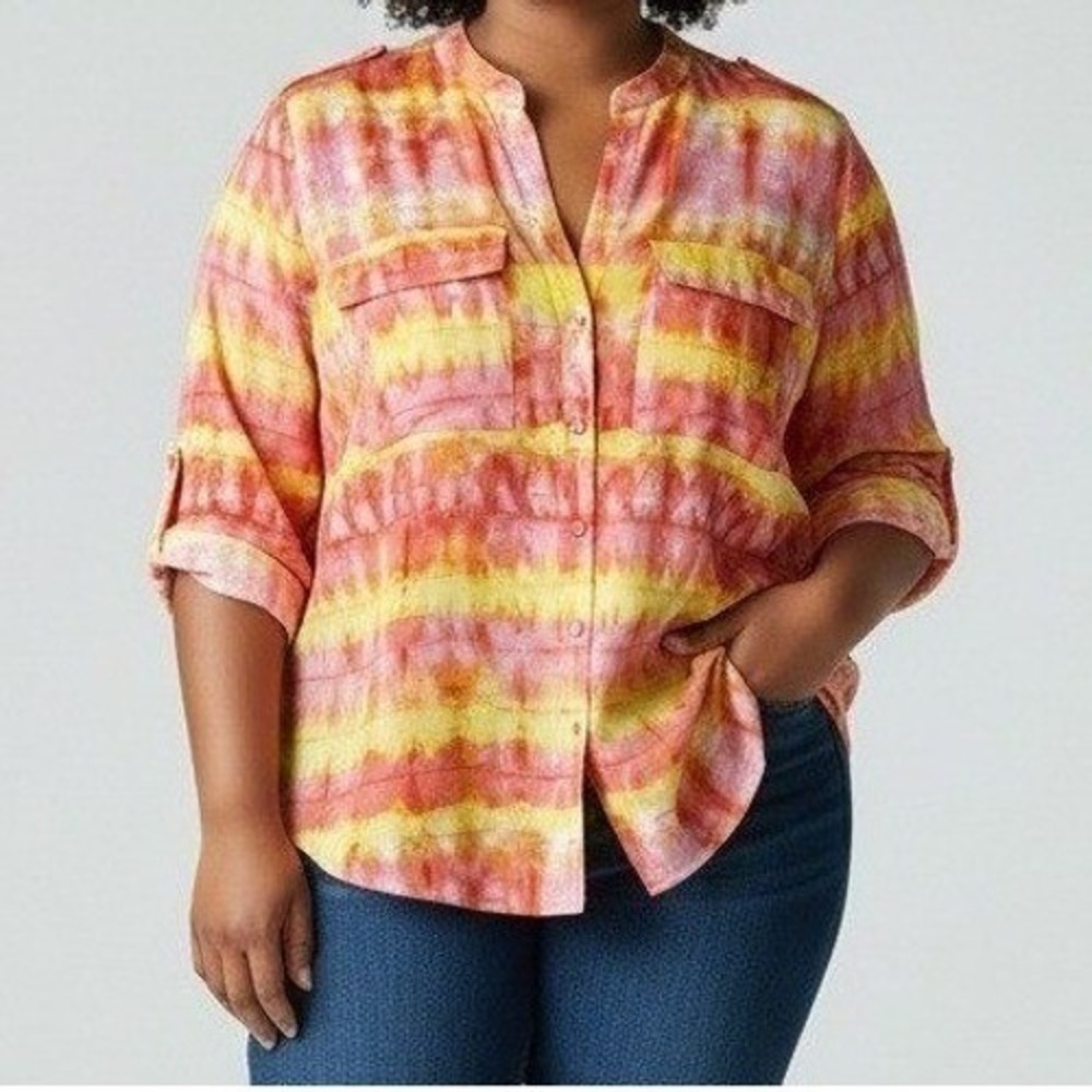 Calvin Klein Blouse Women 0X‎ Orange Colorful Vibrant Plus Size Popover Tie Dye